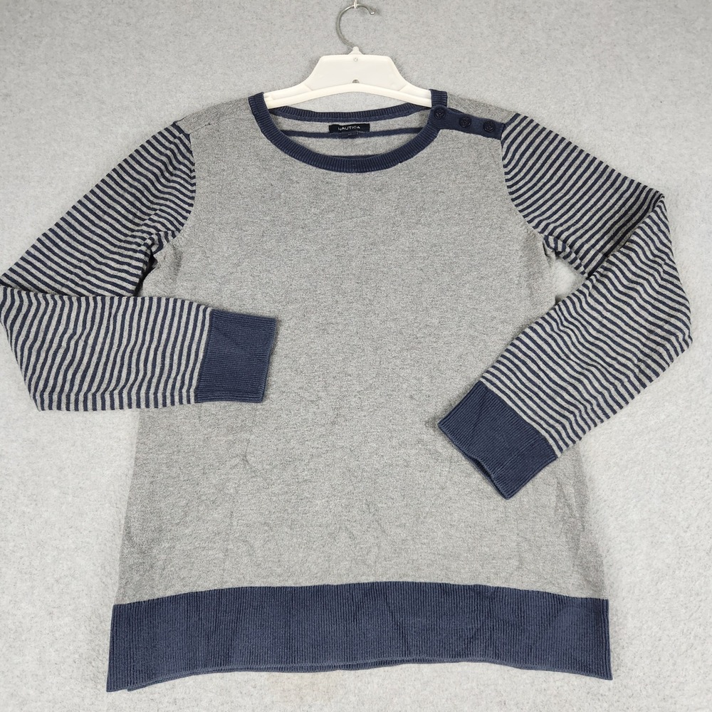 Nautica Sweater Womens Medium Gray Navy Blue Striped Long Sleeve Shoulder Button